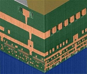 Đây là một mặt cắt của vi xử lý mà IBM phát triển. Theo đó, các khoảng trống giữa những dây nối bằng đồng sẽ ho