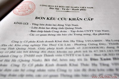 Bức thư kêu cứu có chữ ký và con dấu của Công ty CP KDKTHT Vinashin - Hạ Long gửi các cơ quan chức năng. Ảnh: Minh Thái.