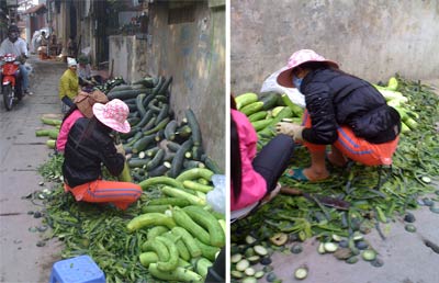 Sơ chế mứt bí ngay trên mặt ngõ.