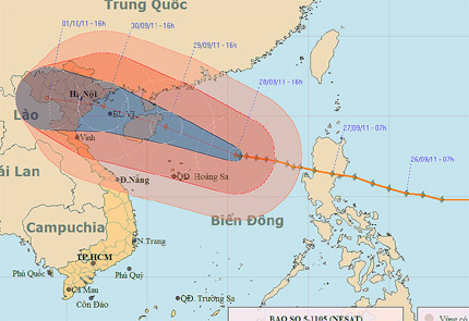 Bão số 5 dự báo sẽ ở trên vùng bờ biển các tỉnh Quảng Ninh - Thanh Hóa vào chiều mai (29/9) - Ảnh: Trung tâm dự báo KTTVTƯ.