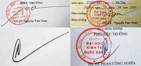 Dễ phân biệt được “hàng thật“ (trái) và “hàng giả“ (phải) qua con dấu và chữ ký