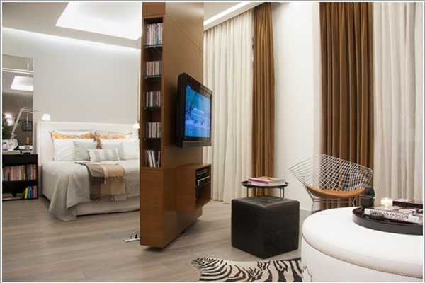 1. Chiếc vách ngăn di động đồng thời là giá sách và kệ TV :