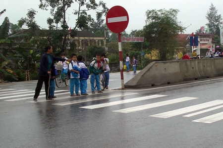   Bà cẩn thận quan sát trước khi đưa từng nhóm học sinh sang đường.