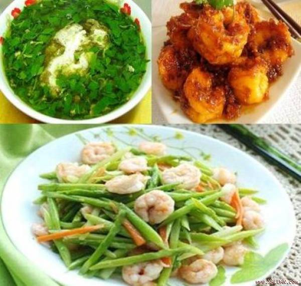 Thực đơn số 1: Canh cua rau đay, tôm kho tàu, đậu que xào tôm.