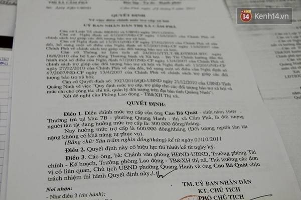 Quyết định về việc hỗ trợ anh Quát theo chế độ người khuyết tật của chính quyền địa phương