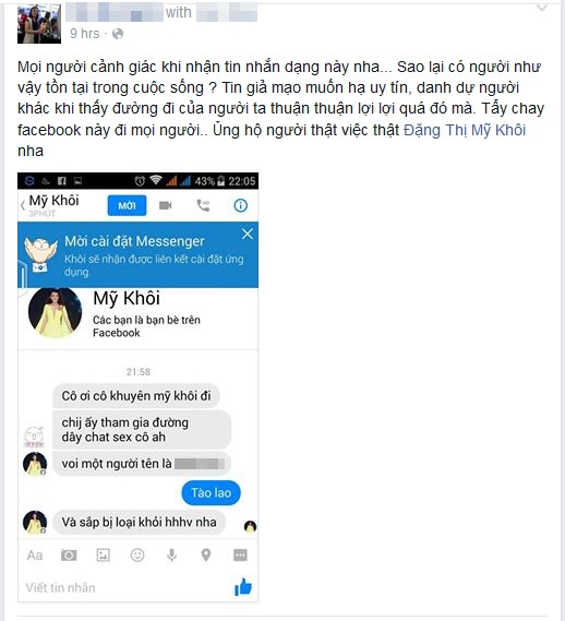 Tài khoản giả mạo lấy hình Mỹ Khôi làm ảnh đại diện, ngoài việc tố nữ sinh 18 tuổi chat sex thì tài khoản này cũng tung tin Mỹ Khôi sắp bị loại khỏi cuộc thi