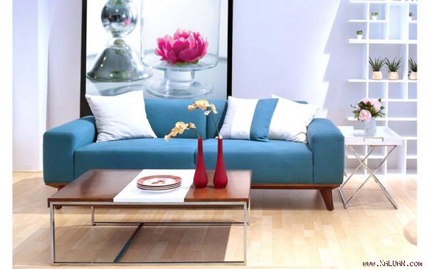  Không gian phòng khách xinh xắn với bộ ghế sofa tone màu xanh nhạt hợp với người mệnh mộc.