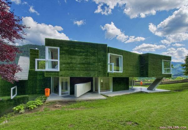 Ngôi nhà xanh ở Frohnleiten, Áo được bao bọc bởi một lớp cỏ xanh mượt. Nhìn từ xa, ngôi nhà hòa hợp với không gian đẹp như một bức tranh.