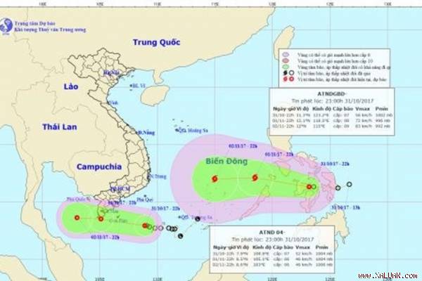Vị trí và hướng đi của 2 áp thấp nhiệt đới. Ảnh: NCHMF