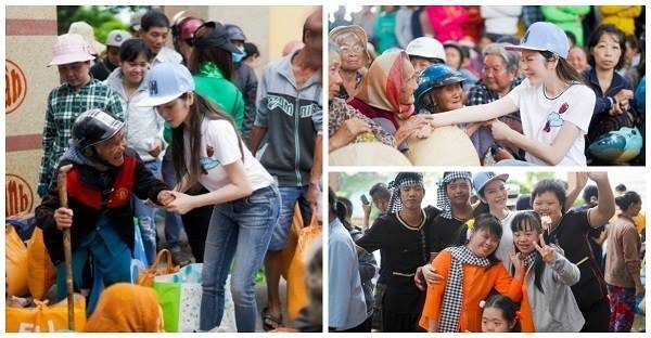 Lý Nhã Kỳ mướt mồ hôi trao quà từ thiện cho người dân vùng tâm bão Khánh Hòa