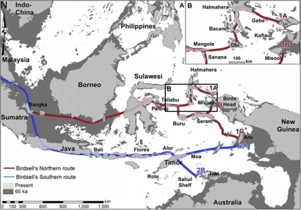 Năm 1977,Joseph Birdsell xác định 2 tuyến đường có thể được những người đầu tiên di cư sử dụng. Nghiên cứu của Đại học quốc gia Úc cho thấy tuyến đường phương Bắc ( màu đỏ) có nhiều kh�