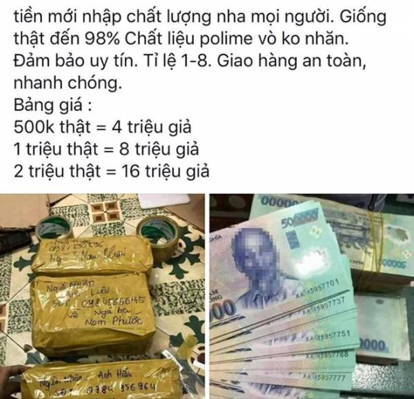 Nhiều đường dây mua bán tiền giả công khai trên mạng xã hội. Ảnh: Minh Lộc.