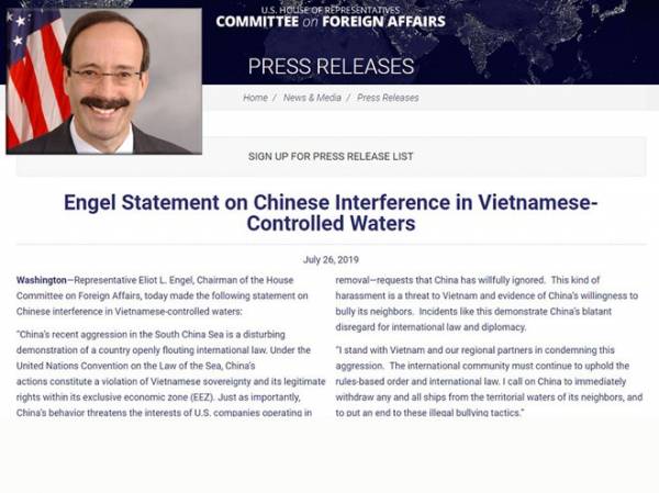 Tuyên bố ủng hộ Việt Nam của Chủ tịch Ủy ban Đối ngoại Hạ viện Mỹ Eliot L.Engel (ảnh nhỏ)