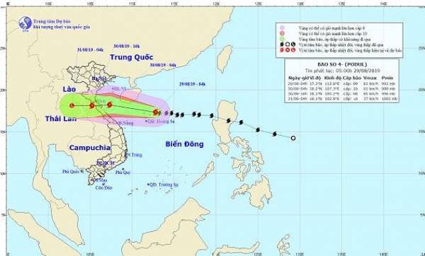 Dự báo đường đi của bão Podul (bão số 4).