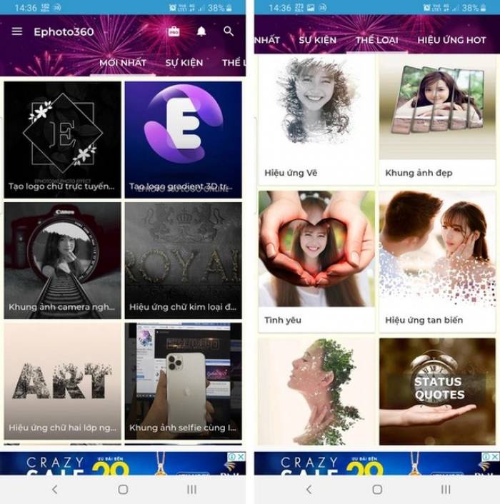  Do Ephoto 360 có giao diện hoàn toàn bằng tiếng Việt nên người dùng sẽ không quá khó để có thể chọn cho mình một hiệu ứng phù hợp.
