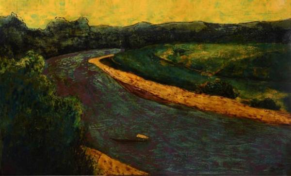 Tác phẩm “Một dòng sông”, sơn mài trên vóc của Hiền Nguyễn