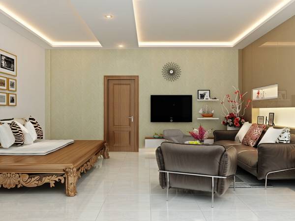 Phòng có sự kết hợp giữa bộ bàn ghế sofa với chiếc sập gỗ độc đáo. Trên chiếc sập gỗ này chủ nhà có thể tiếp đãi khách khứa hay nằm nghỉ trưa đều thuận tiện.