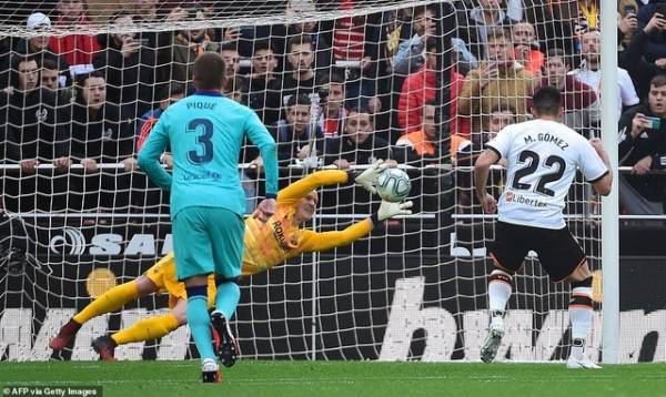 Thủ thành Stegen cản phá quả 11m thành công của Maxi Gomez...