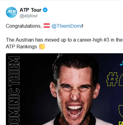 Hạng 3 thế giới là thứ hạng cao nhất trong sự nghiệp của Dominic Thiem đến thời điểm hiện tại. Ảnh: ATP.