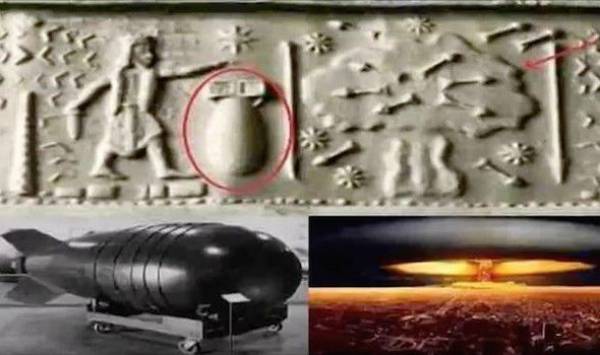 Các nhà lý luận âm mưu dựa vào ký tự, hình khắc trong văn tự cổ để chứng minh Trái Đất từng có vụ nổ nguyên tử từ 12.000 năm trước. (Ảnh: Express)