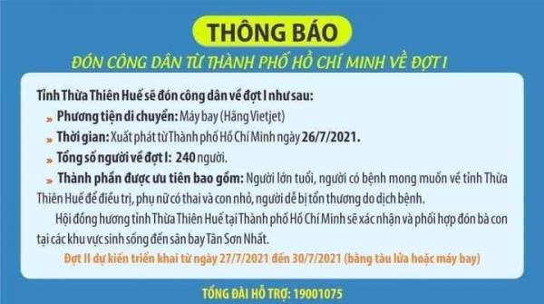 Thừa Thiên- Huế: Đón 240 công dân từ TP.HCM về bằng máy bay trong ngày 26.7